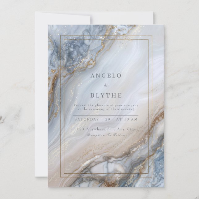 Invitation Mariage Tourbillon Agate Marbre Bleu Doré (Devant)