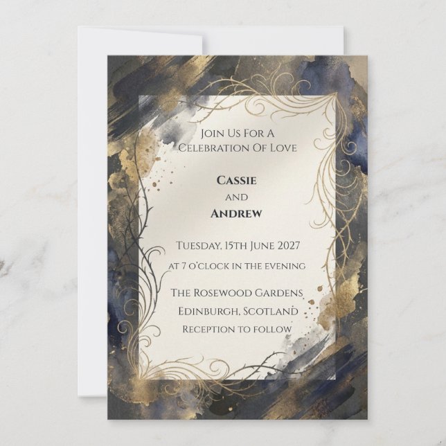 Invitation Mariage Tourbillon Aquarelle Bleu Nuit Or (Devant)