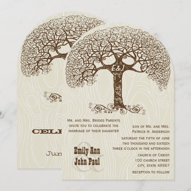 Invitation Mariage Tourbillon Brun Dessin Grain de Bois d'Arb (Devant / Derrière)