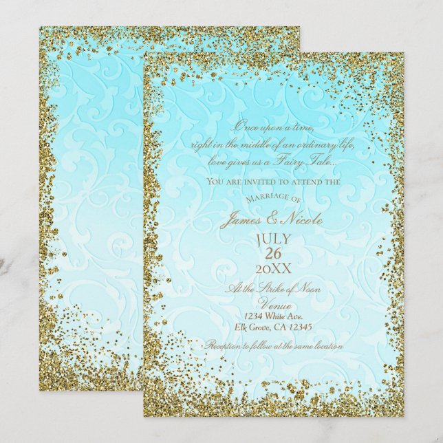 Invitation Mariage Tourbillon de Conte de Fées Princesse Bleu (Devant / Derrière)