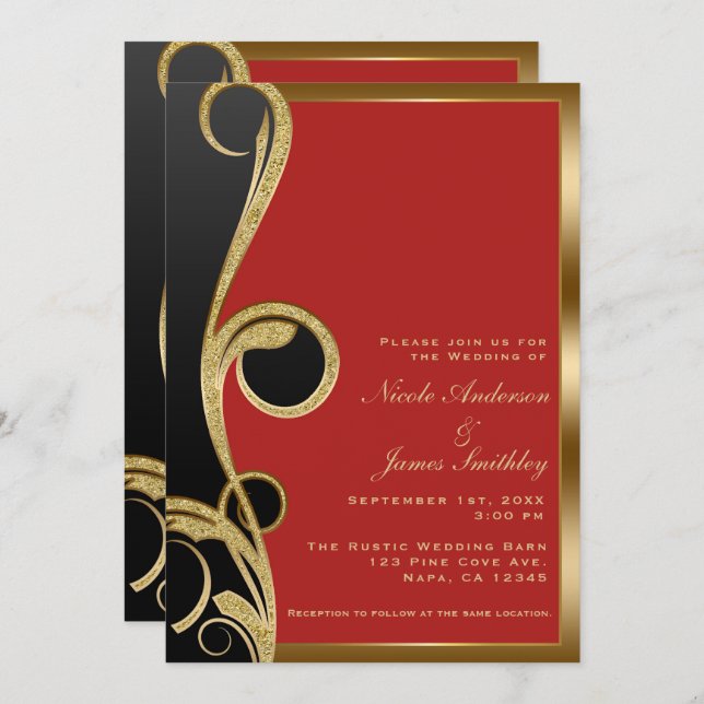 Invitation Mariage Tourbillon Élégant Moderne Noir Rouge & Or (Devant / Derrière)