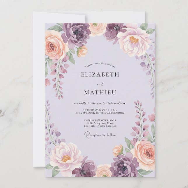 Invitation Mariage Tourbillon Floral à la Lavande (Devant)