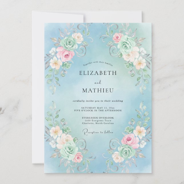 Invitation Mariage Tourbillon Floral Bleu Ciel (Devant)