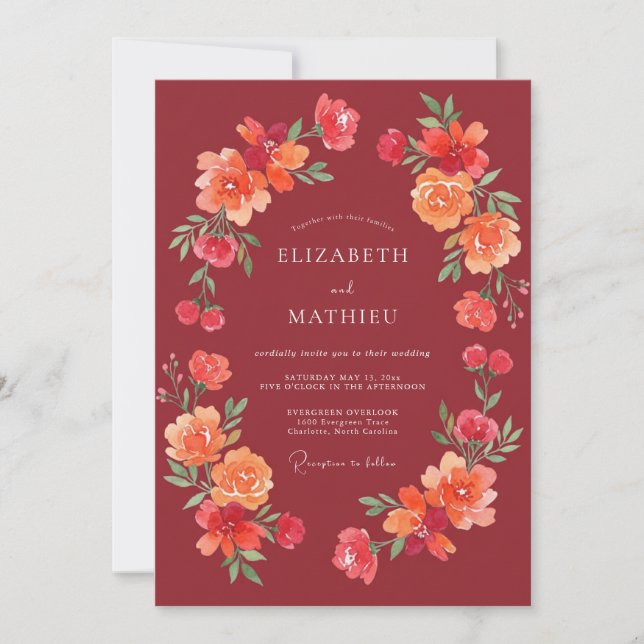 Invitation Mariage Tourbillon Floral Bourgogne (Devant)