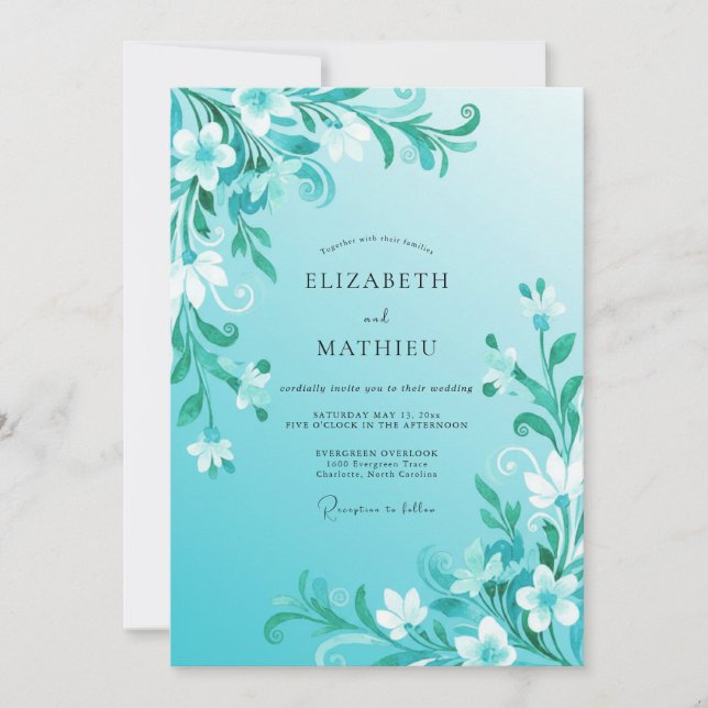 Invitation Mariage Tourbillon Floral Sarcelle (Devant)