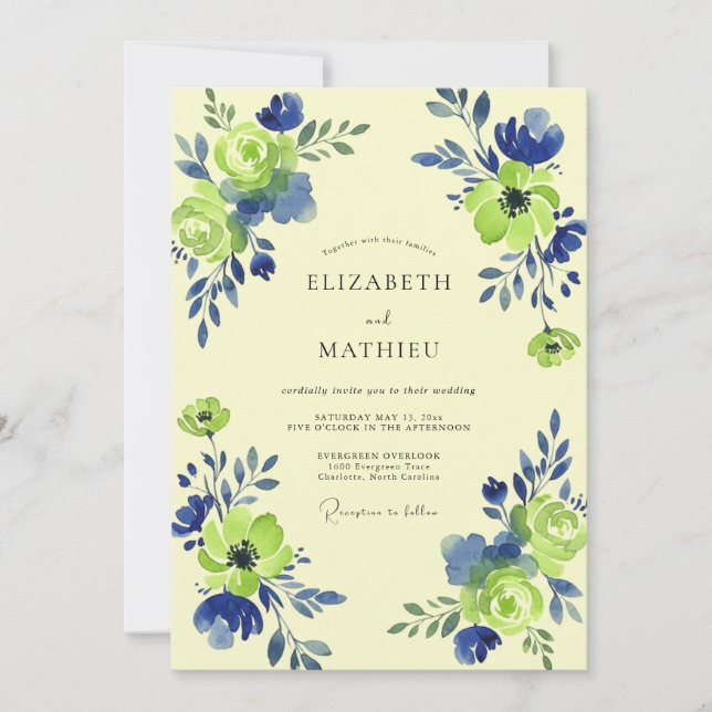 Invitation Mariage Tourbillon Floral Vert Citron (Devant)