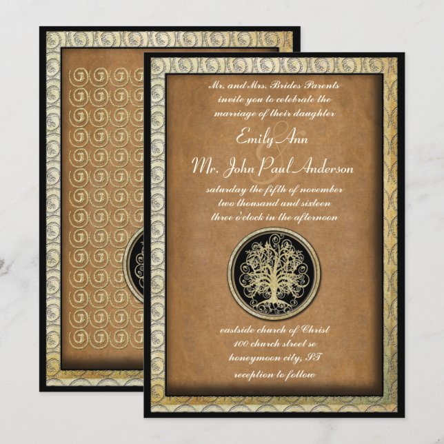 Invitation Mariage Tourbillon Métallisé Or Bordure Or (Devant / Derrière)