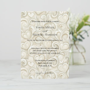 Invitation Mariage tourbillons de cœurs crème romantique