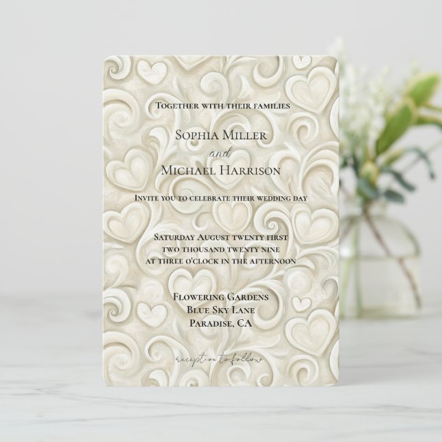 Invitation Mariage tourbillons de cœurs crème romantique (Debout devant)