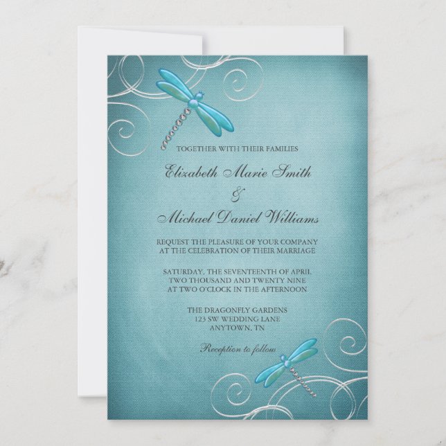 Invitation Mariage Tourbillons de Libellule Bleu sarcelle (Devant)