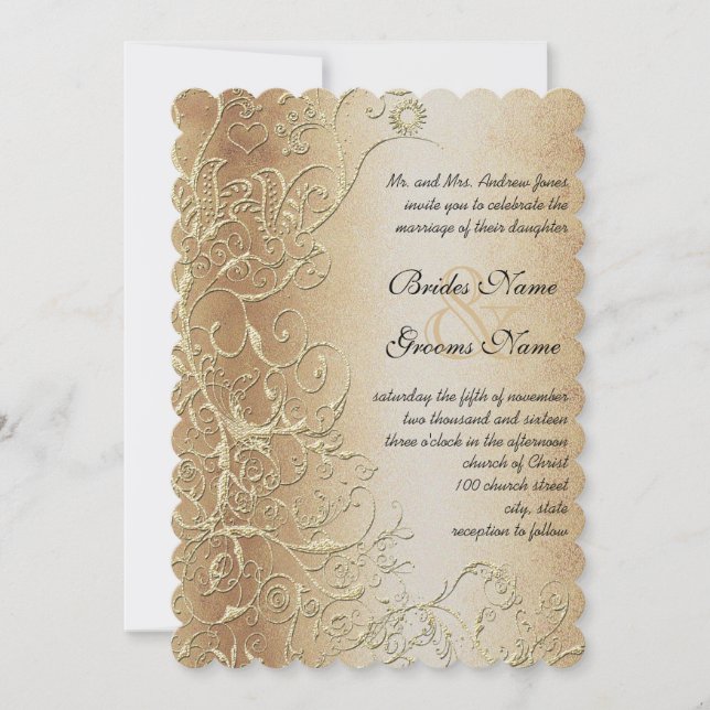 Invitation Mariage Tourbillons Oiseaux de l'Amour Bronze Or e (Devant)