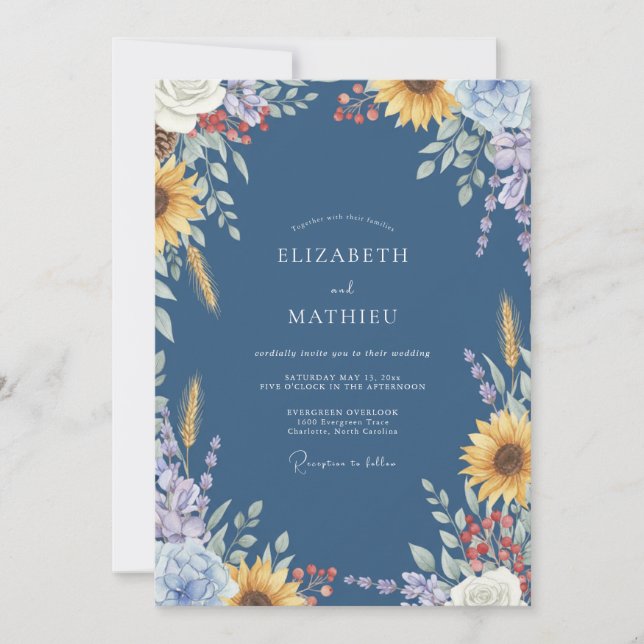 Invitation Mariage Tournesol Blé Eucalyptus Ardoise (Devant)