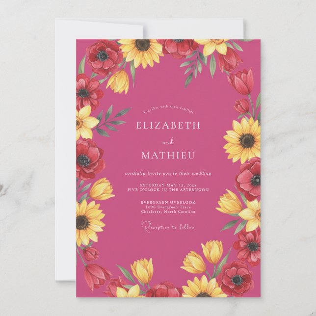 Invitation Mariage Tournesol Coquelicot Magenta (Devant)