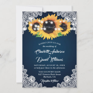 Invitation Mariage Tournesol Dentelle Burlap Bleu Marine Rust