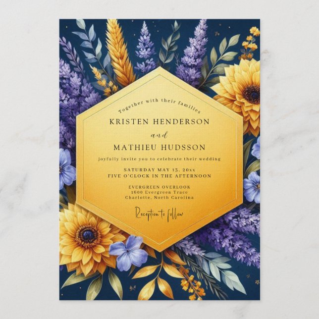 Invitation Mariage Tournesol Doré Indigo (Devant)
