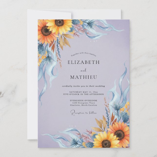 Invitation Mariage Tournesol Doré Pervenche Eucalyptus (Devant)