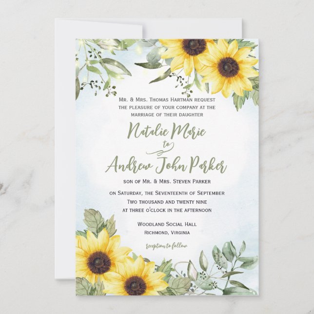 Invitation Mariage tournesol et verdure (Devant)