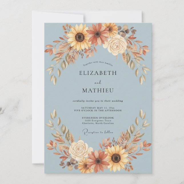 Invitation Mariage Tournesol Eucalyptus Azur Acier (Devant)