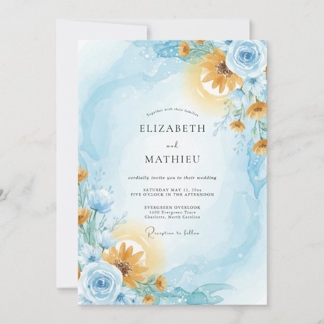 Invitation Mariage Tournesol Eucalyptus Azur Ambre (Devant)