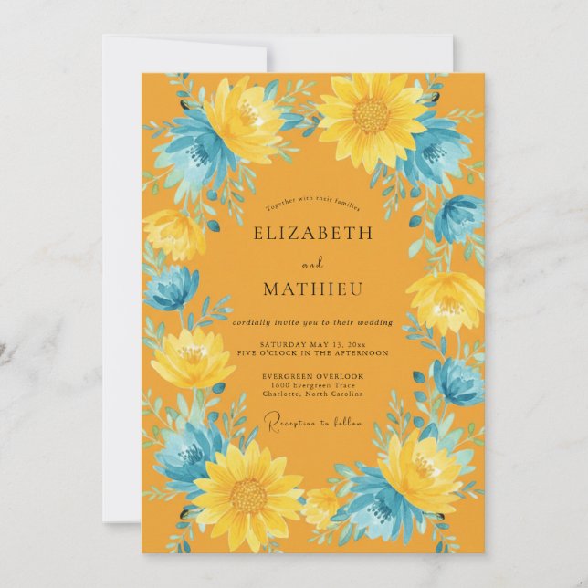 Invitation Mariage Tournesol Eucalyptus Azur Doré (Devant)