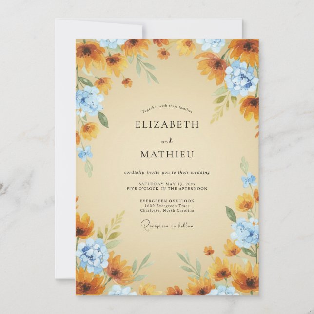 Invitation Mariage Tournesol Eucalyptus Azur Ocre (Devant)