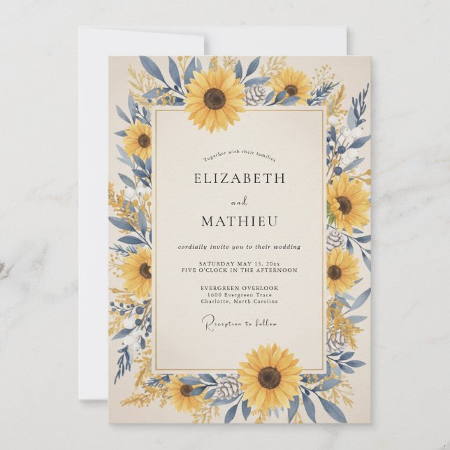 Invitation Mariage Tournesol Eucalyptus Jaune Ardoise (Devant)