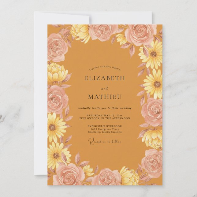 Invitation Mariage Tournesol Eucalyptus Jaune Moutarde (Devant)