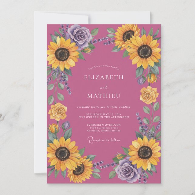 Invitation Mariage Tournesol Eucalyptus Magenta (Devant)
