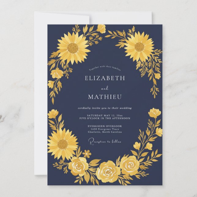 Invitation Mariage Tournesol Eucalyptus Minuit Moutarde (Devant)