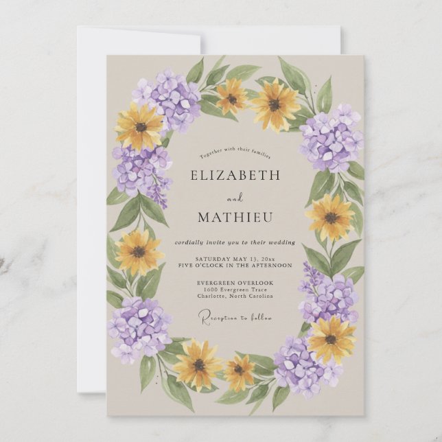 Invitation Mariage Tournesol Eucalyptus Or Améthyste (Devant)