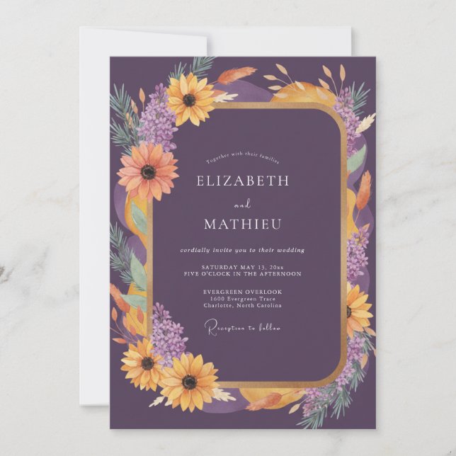 Invitation Mariage Tournesol Eucalyptus Or et Prune (Devant)