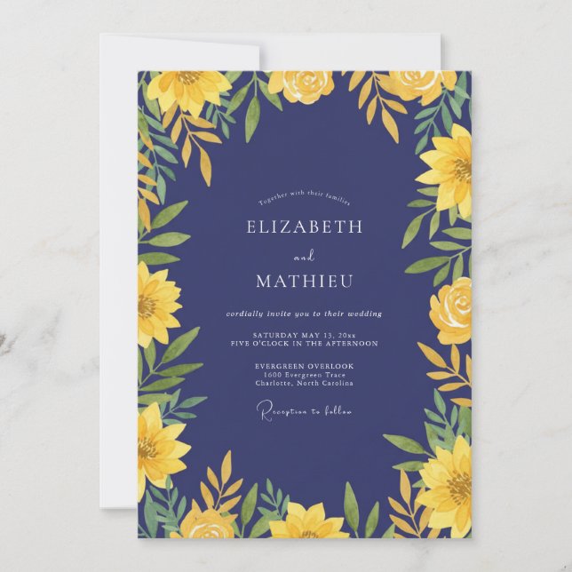 Invitation Mariage Tournesol Eucalyptus Or Indigo (Devant)