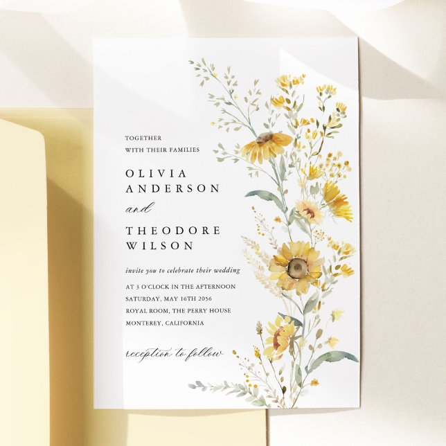 Invitation Mariage Tournesol Fleur Sauvage Jaune (Yellow sunflower wildflower wedding invitation watercolor floral garden elegant wedding stationery)