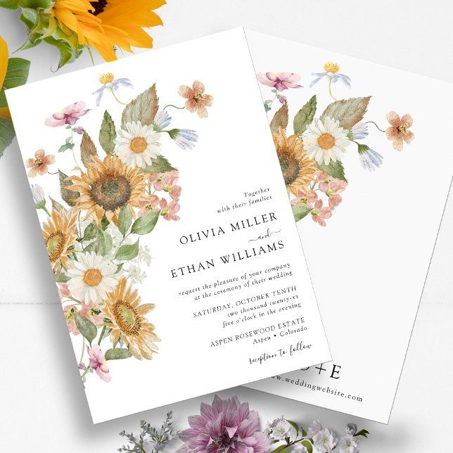 Invitation Mariage Tournesol Floral (Watercolor Floral Sunflower Wildflower Wedding Invitation Monogrammed by Painted Paperie
)