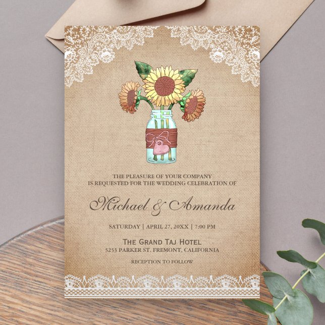 Invitation Mariage Tournesol Jar Rustique Toile Cane (Créateur téléchargé)