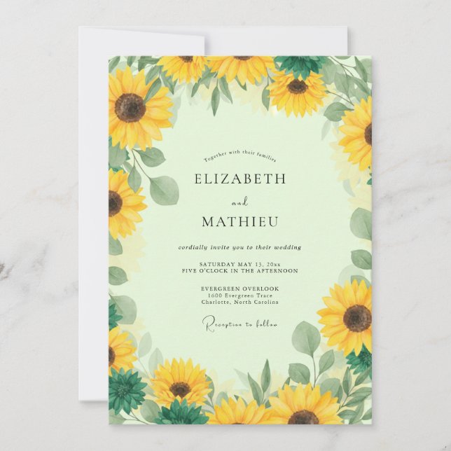 Invitation Mariage Tournesol Jaune Eucalyptus Rustique (Devant)