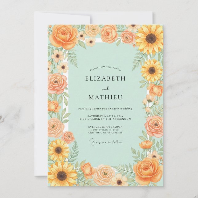 Invitation Mariage Tournesol Jaune Feuillage Eucalyptus (Devant)