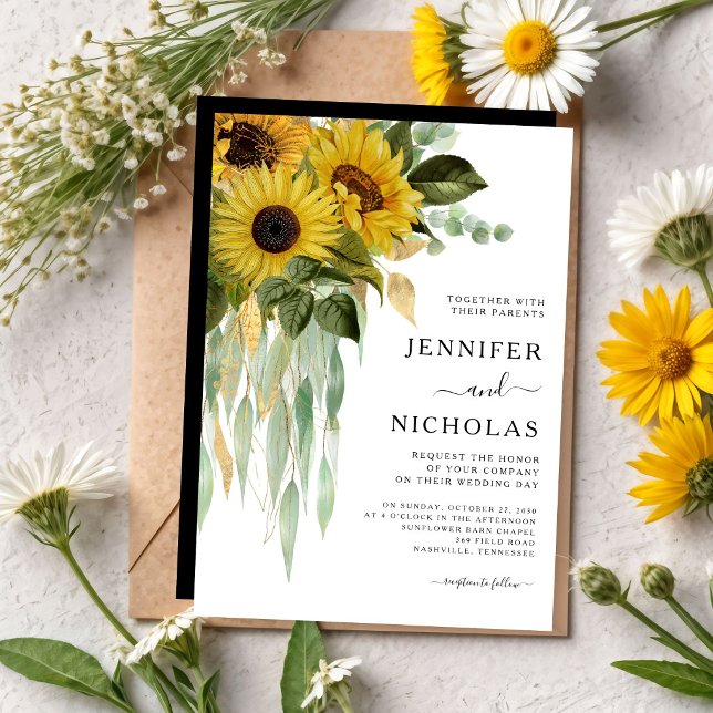 Invitation Mariage Tournesol Noir Et Blanc Moderne    (Modern Black And White Sunflower Wedding Invitation)