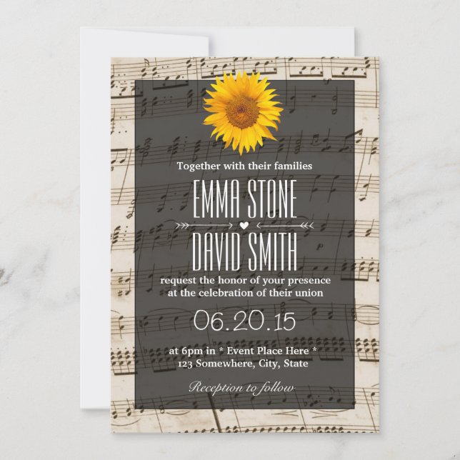 Invitation Mariage Tournesol Papier de Musique Vintage (Devant)