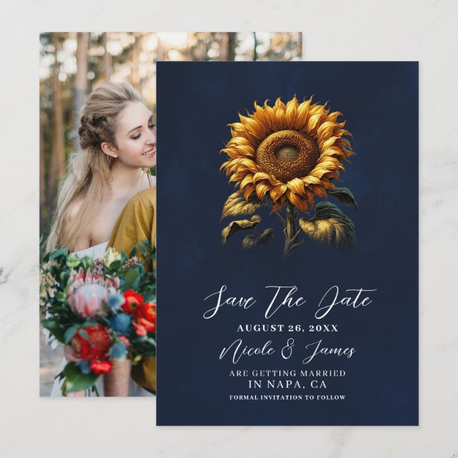 Invitation Mariage Tournesol Rustique Bleu Enregistrez la Dat (Devant / Derrière)