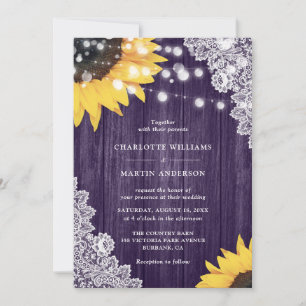 Invitation Mariage Tournesol Rustique Bois Violet Dentelle