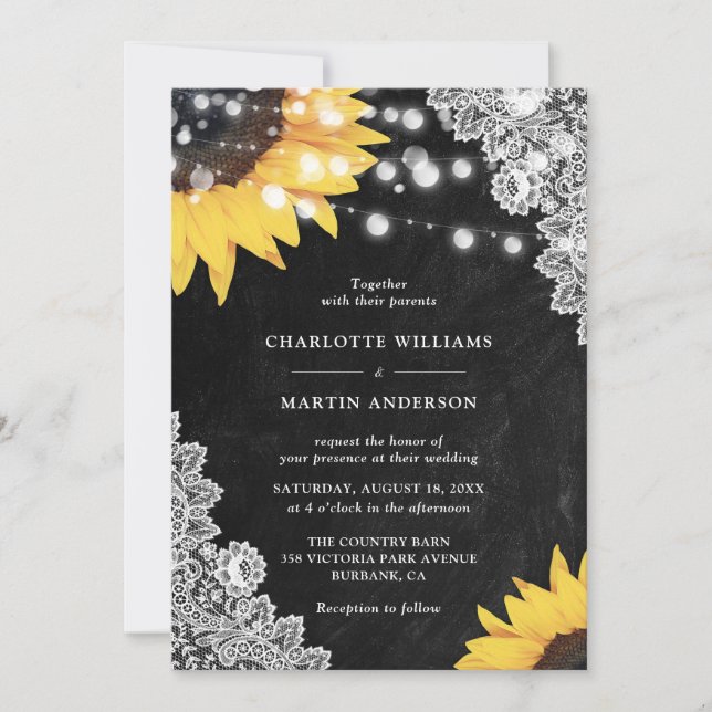 Invitation Mariage Tournesol Rustique sur Ardoise Noire et De (Devant)
