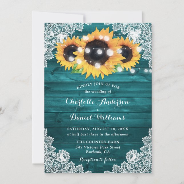 Invitation Mariage Tournesol Sarcelle Bois Rustique Dentelle (Devant)