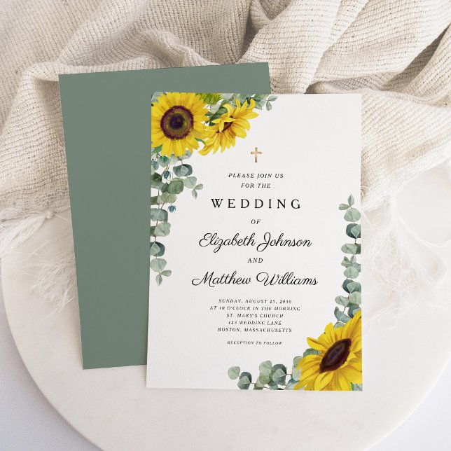 Invitation Mariage Tournesol Vert Sauge Religieux (Religious Sage Green Sunflower Wedding Invitation)