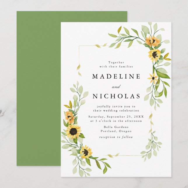 Invitation Mariage Tournesols Aquarelle & Verdure (Devant / Derrière)