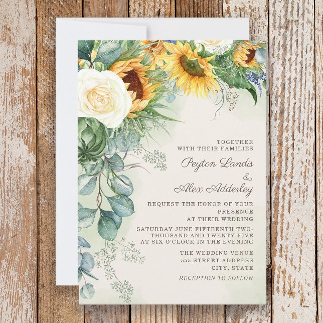 Invitation Mariage Tournesols Eucalyptus Écriture Élégante (Sunflowers and eucalyptus wedding invitation)