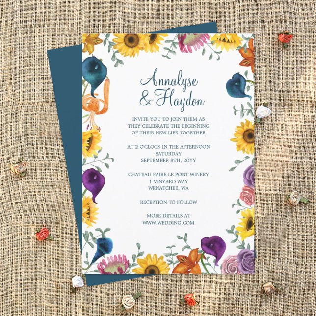 Invitation Mariage Tournesols, Lys calla violet pourpre (yellow sunflowers and plum purple, orange tiger lilies wedding invitations)