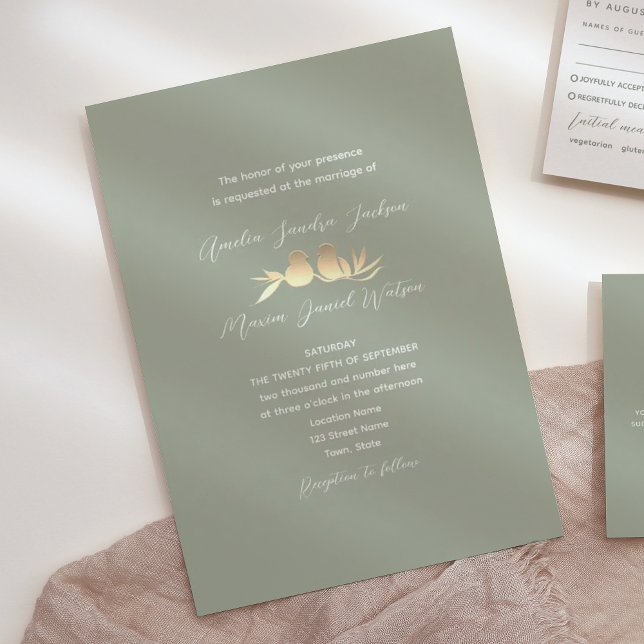 Invitation Mariage Tourterelles Vert Sauge Or (Créateur téléchargé)