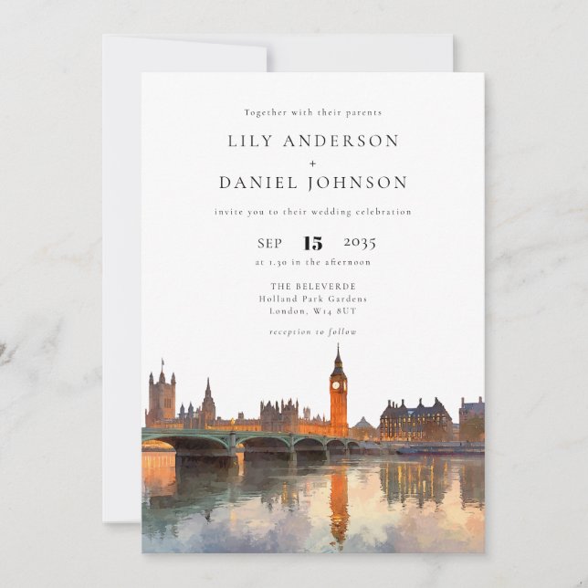 Invitation Mariage Tout Compris Aquarelle Londres Horizon (Devant)