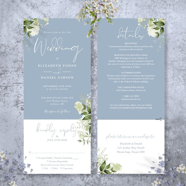 Invitation Mariage Tout Compris Botanique Bleu Poussiéreux (Dusty Blue Botanical Greenery All In One Wedding Invitation)